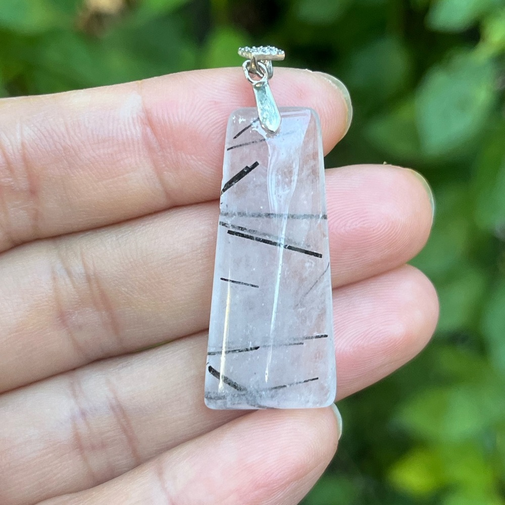 Sterling silver‎ 925 stamped natural black rutilated quartz pendant 2029